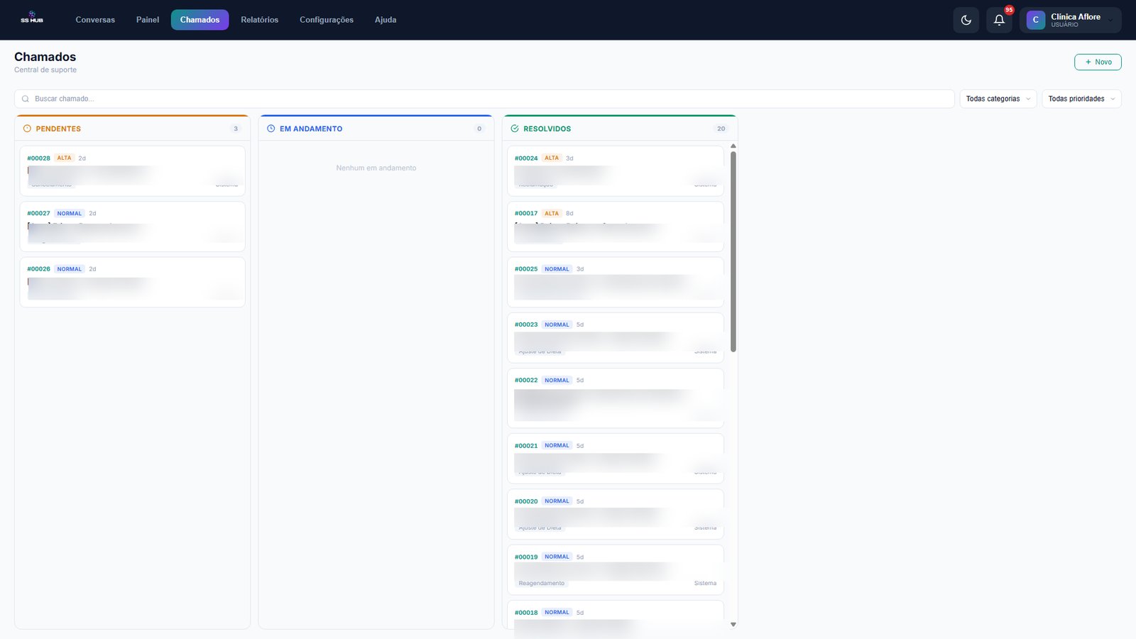Kanban de chamados no SS HUB: colunas Pendentes, Em andamento e Resolvidos com cards reais, prioridades e categorias