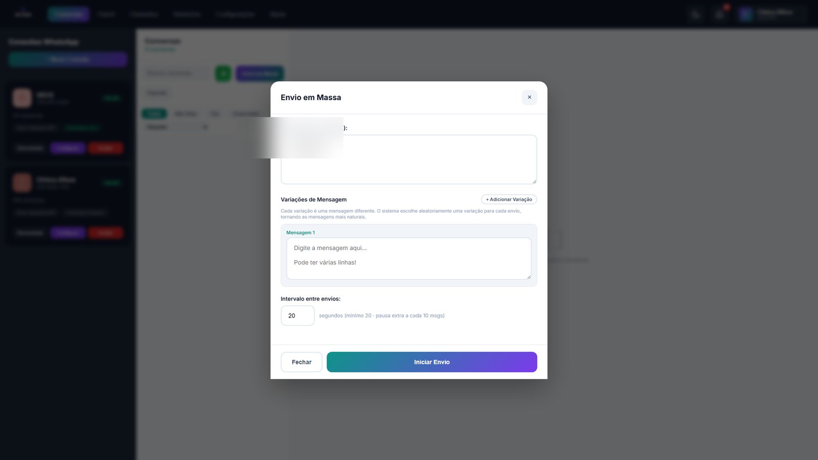 Modal de Envio em Massa no SS HUB: campo de telefones, varia&ccedil;&otilde;es de mensagem e intervalo entre envios
