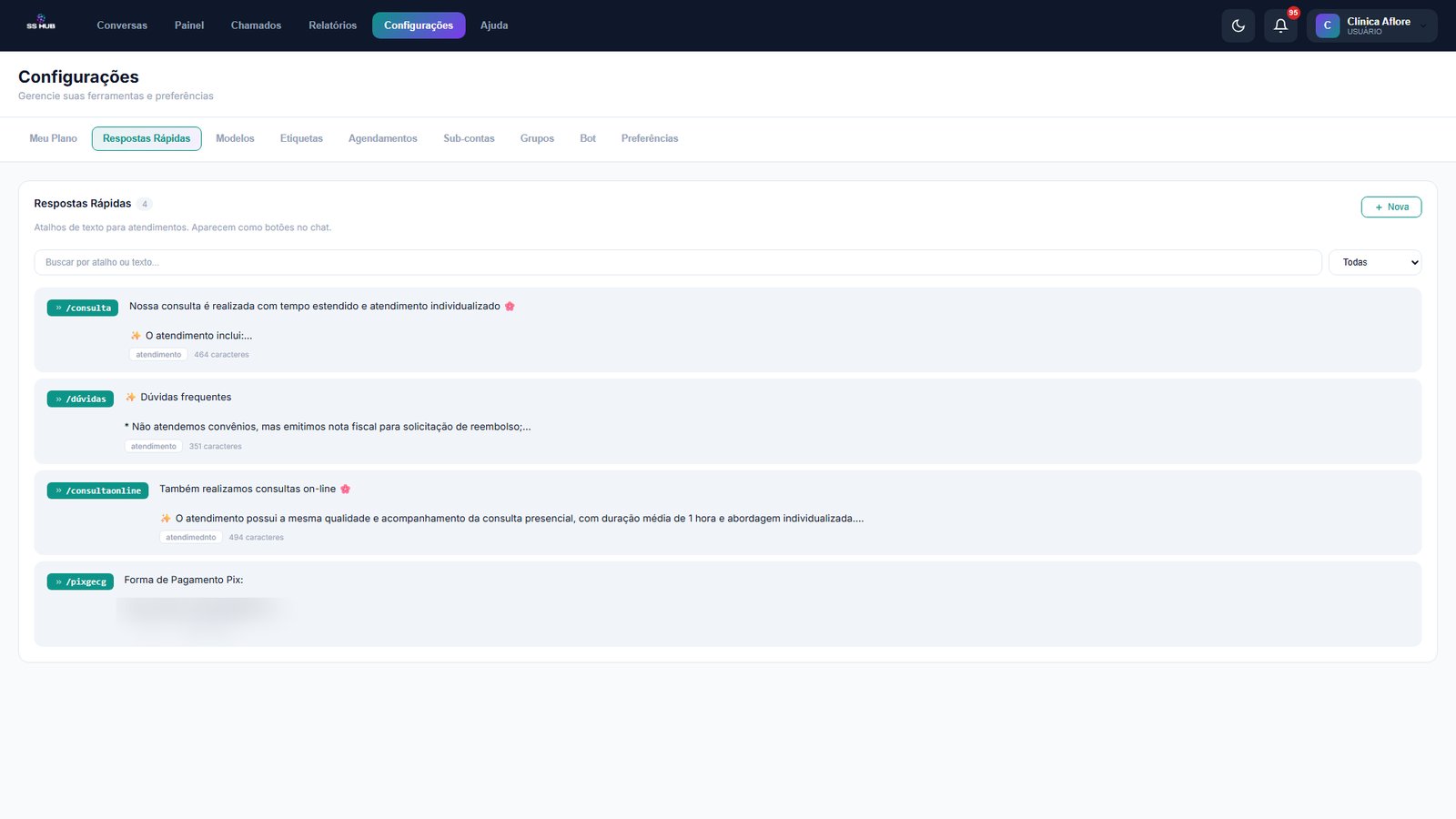 Tela de Respostas R&aacute;pidas do SS HUB: atalhos de texto como /consulta, /d&uacute;vidas, configurados para responder em um clique