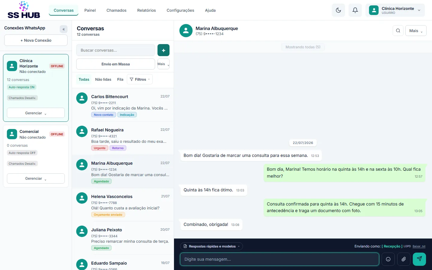 Painel Conexões WhatsApp do SS HUB com duas conexões, Clínica Horizonte e Comercial, cada uma com contagem de conversas e resposta automática, ao lado da lista de conversas
