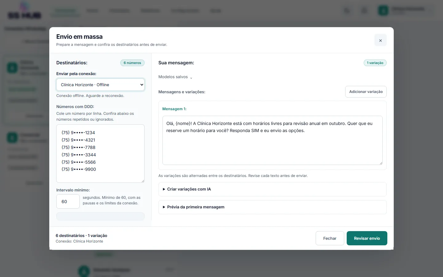 Janela de envio em massa do SS HUB com seis destinatários, a mensagem com o nome do contato e o intervalo mínimo de 60 segundos entre os envios