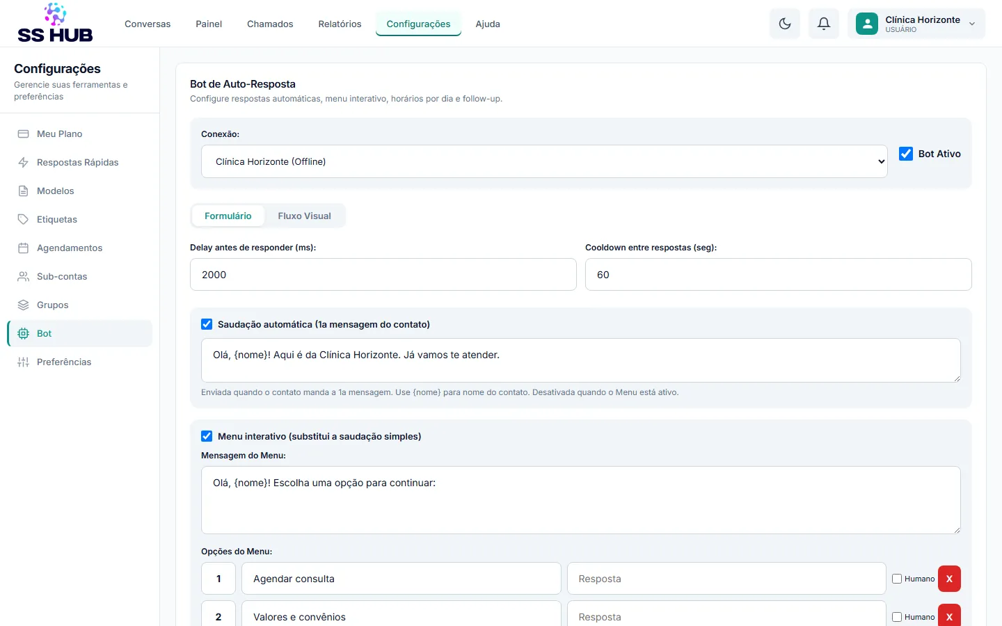 Configuração do bot de resposta automática do SS HUB com saudação automática e menu interativo com as opções Agendar consulta e Valores e convênios
